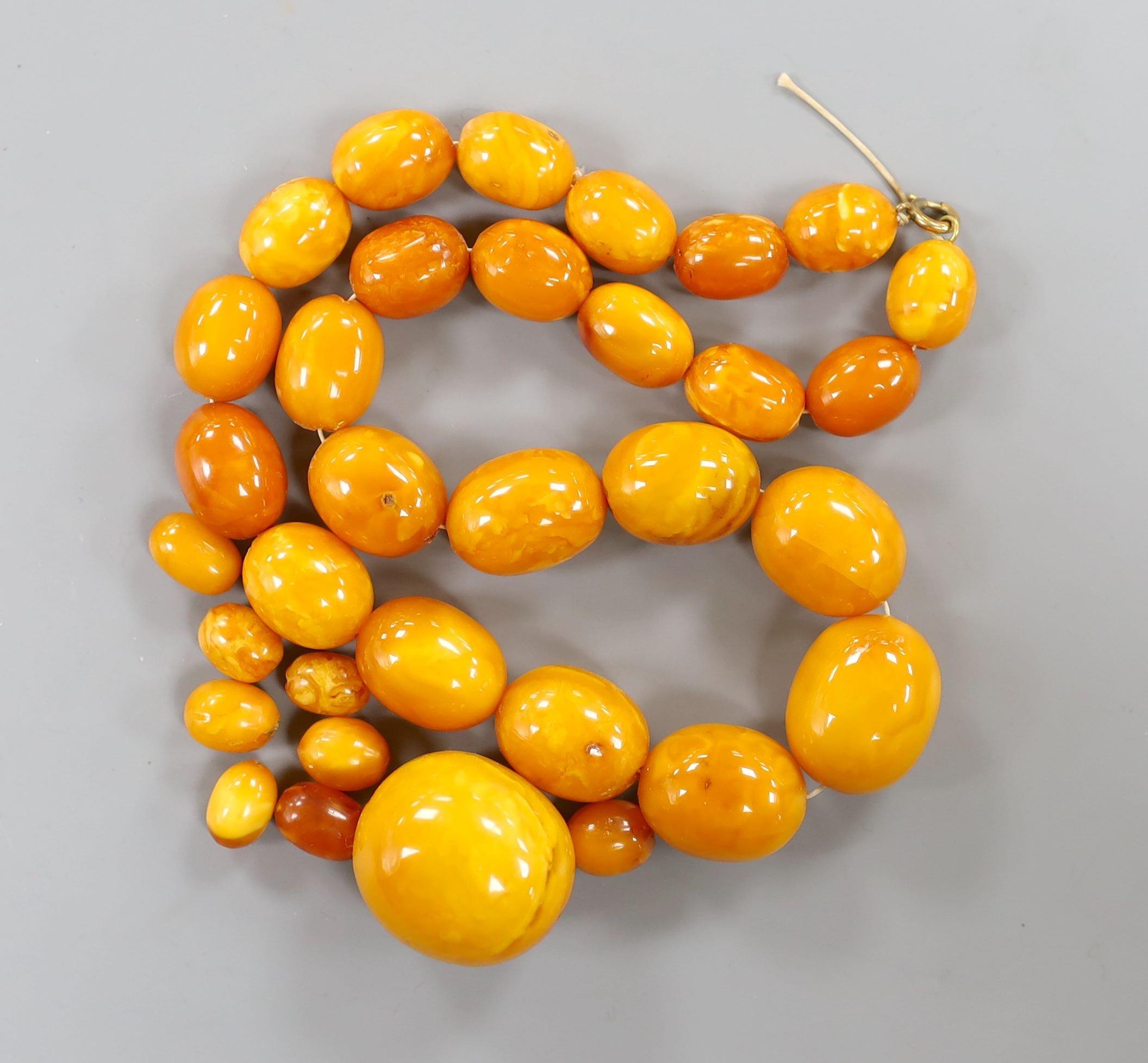 A single strand graduated oval amber bead necklace, 43cm, gross weight 51 grams and a few loose amber beads, 16 grams.